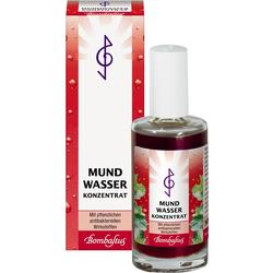 Eine Flasche Mundwasser-Konzentrat steht vor ihrer Verpackung.