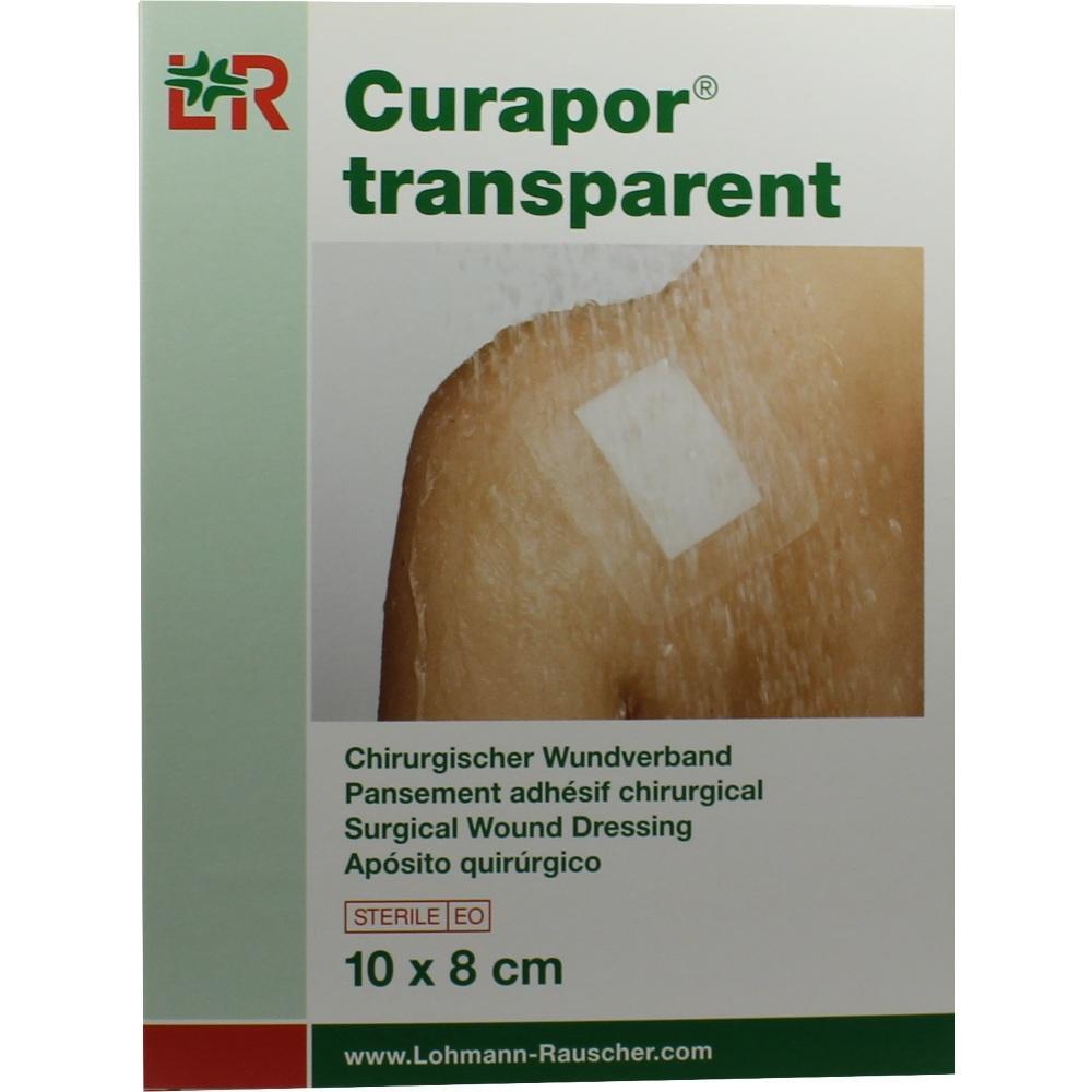 Verpackung eines transparenten Wundverbands der Marke Curapor, Größe 10 x 8 cm.