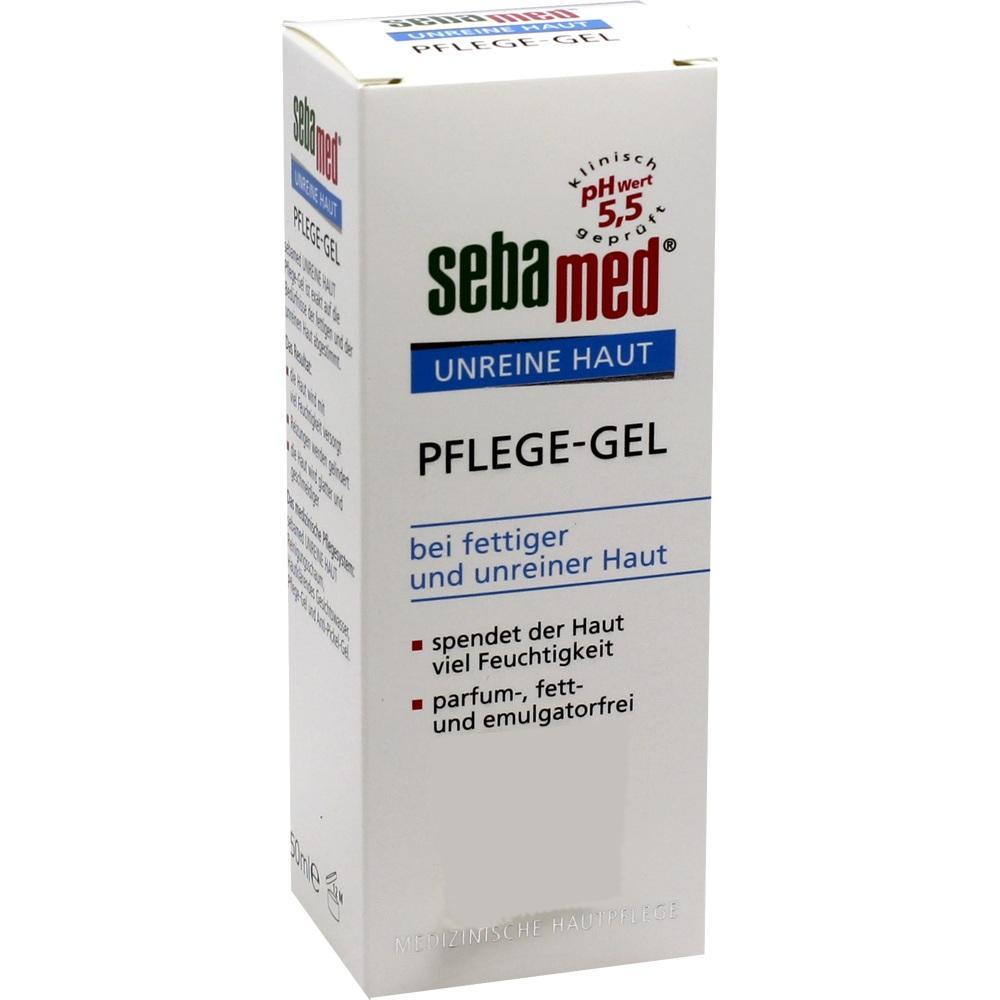 Eine weiße Verpackung von Sebamed Pflege-Gel für unreine Haut steht aufrecht.
